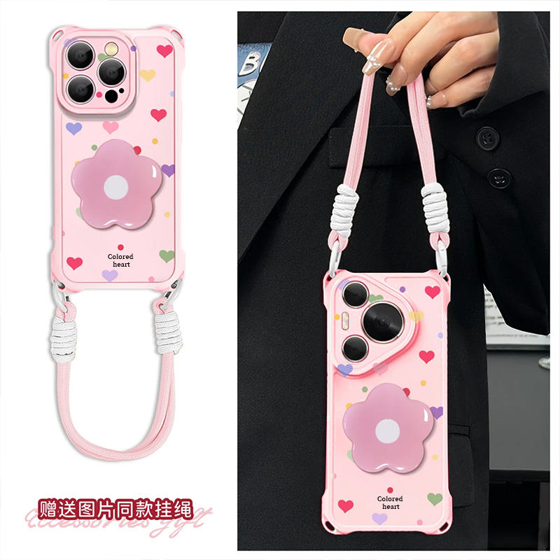 粉花朵支架挂绳适用苹果16promax手机壳iphone14pro新款13清新12女11保护套15promax全包防摔硅胶xr软壳xsmax
