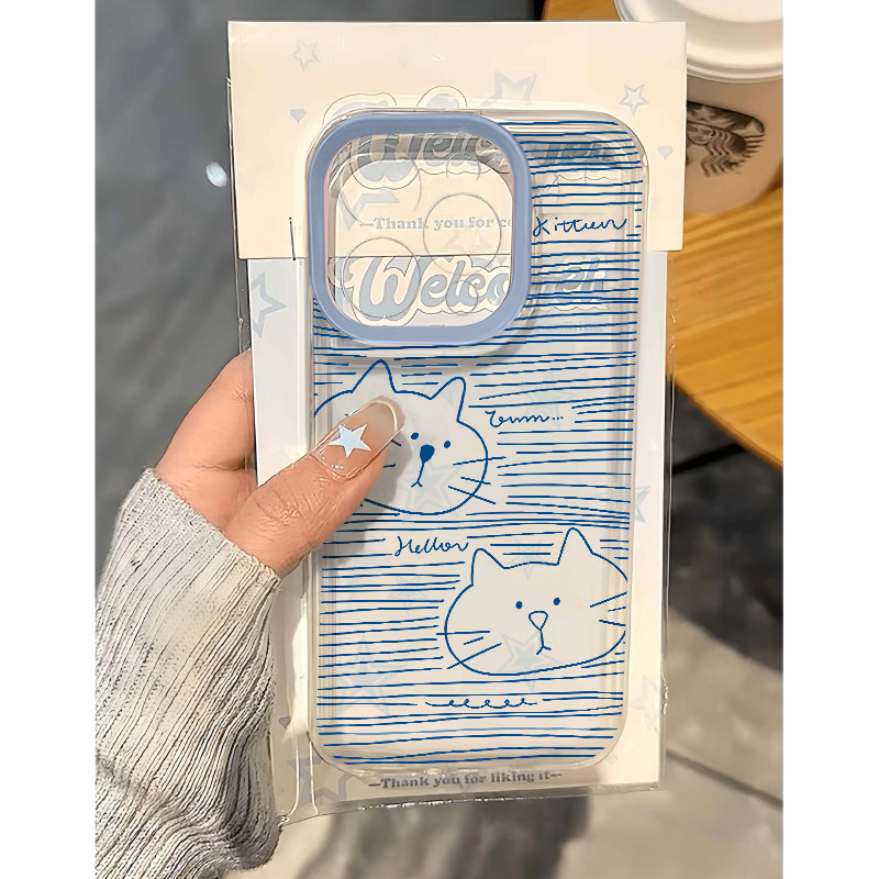 蓝线条猫咪适用苹果16手机壳iPhone15promax新款17华为mate60pro红米note13卡通p70小米14软壳vivo荣耀oppo12