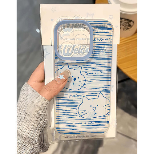 蓝线条猫咪适用苹果16手机壳iPhone15promax新款17华为mate60pro红米note13卡通p70小米14软壳vivo荣耀oppo12