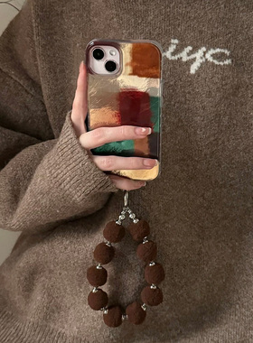 棕格毛绒挂链适用苹果15promax手机壳iphone16pro/12华为mate60新款pura70/vivo小米14红米note13荣耀oppok70