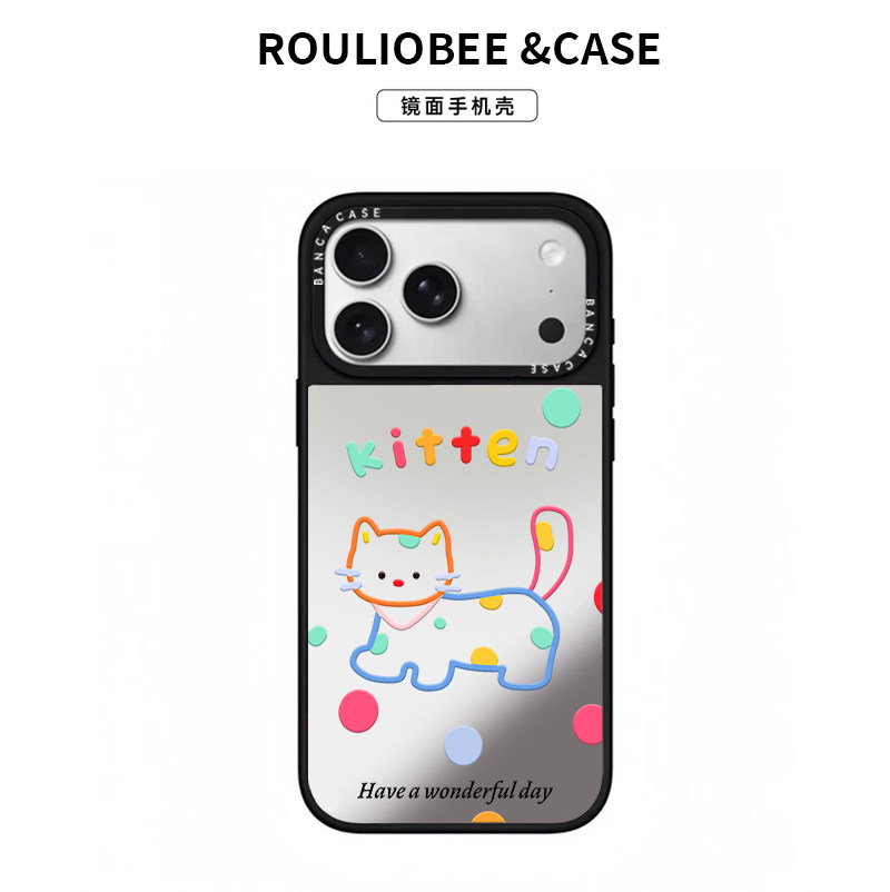 彩色波点猫咪适用iPhone16promax手机壳13苹果15卡通12华为p70nova14小米17pro荣耀300潮牌镜面vivoppo红米14