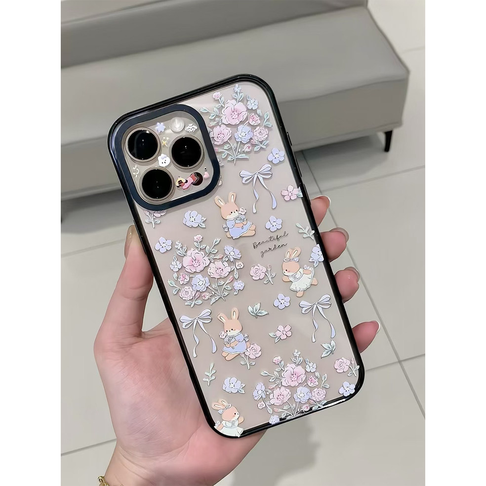 满屏鲜花小兔子适用苹果16promax手机壳iphone17pro新款13可爱12韩系14保护套15promax防摔15p软边亚克力11女