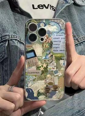 绿色复古适用苹果16promax手机壳iphone14pro新款13高级感12插画11保护套15promax全包防摔x硅胶xr软壳xsmax