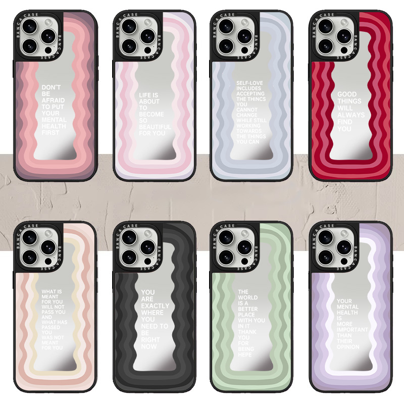 镜面励志波浪语录16Pro适用iPhone15ProMax新款苹果14Pro卡通英文彩色13明星可爱手机壳12防摔15plus硬壳11女