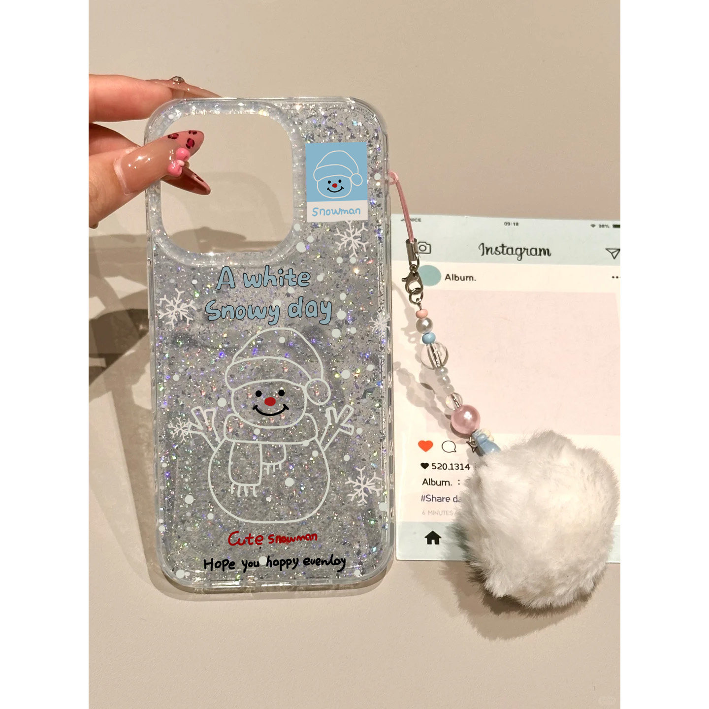 ins风闪粉雪人手机壳梦幻带挂件