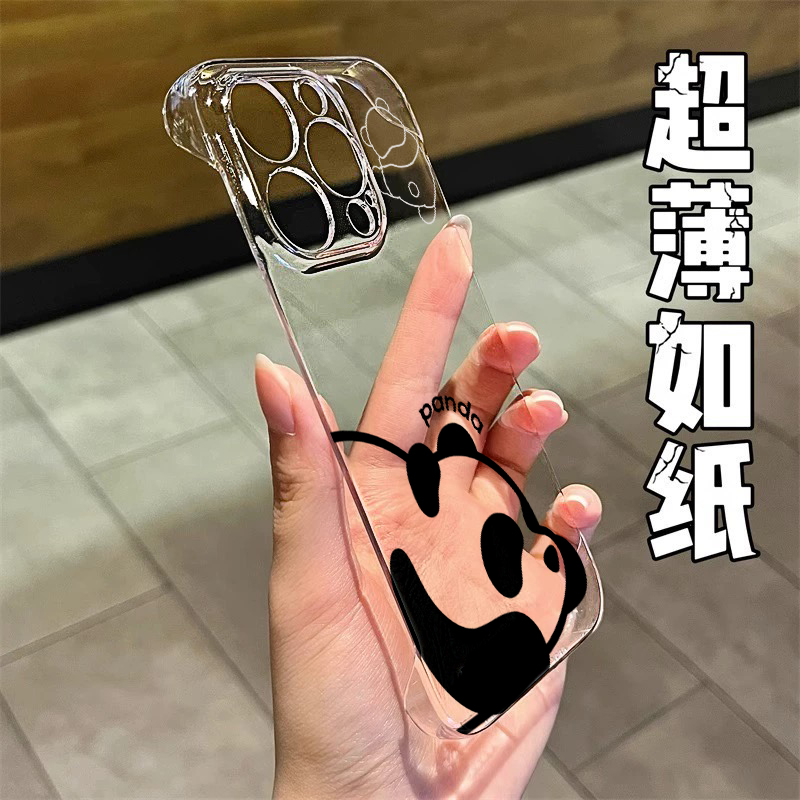 可爱熊猫无边框适用苹果15promax手机壳iphone16/12透明mate60红米note13防摔小米14华为pura70荣耀vivoppo硬