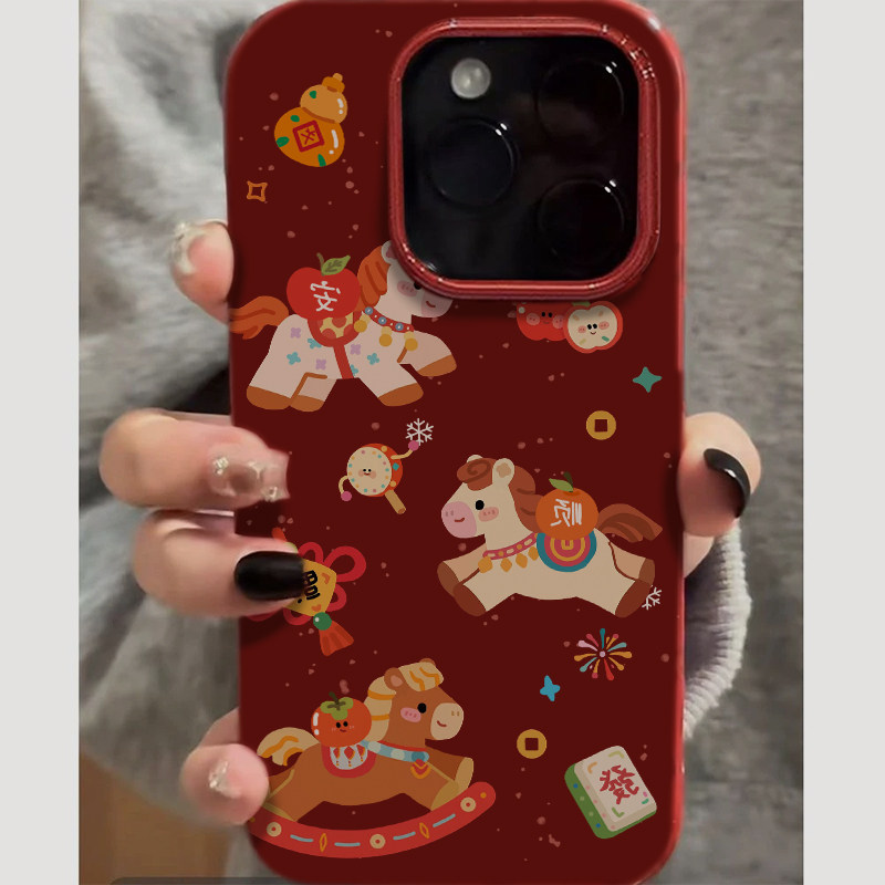 柿柿顺利小马适用苹果16promax手机壳iphone14pro新款创意13promax卡通12日韩可爱11全包15防摔17pro酒红果冻