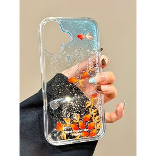 锦鲤小金鱼流沙适用苹果16promax手机壳iphone14pro新款13小众12创意11保护套15promax全包防摔15plus闪粉壳
