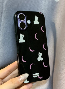 粉月亮小白猫适用苹果16promax手机壳iphone14pro新款13promax卡通12日韩可爱11全包15防摔17pro黑色果冻壳17