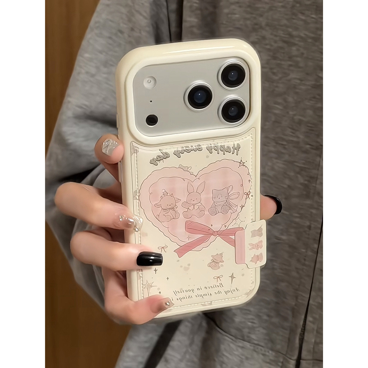 粉爱心兔子猫咪适用苹果16promax手机壳iphone14pro新款13卡通12日韩11保护套15promax防摔17pro大孔皮纹气囊