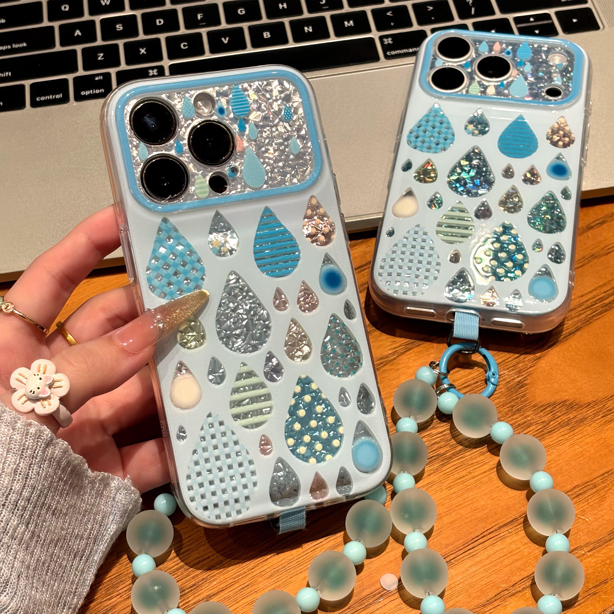精孔钻石蓝雨滴适用苹果17ProMax手机壳iPhone16pro新款15卡通13高颜值14pro创意15promax防摔12蓝磨砂手链11