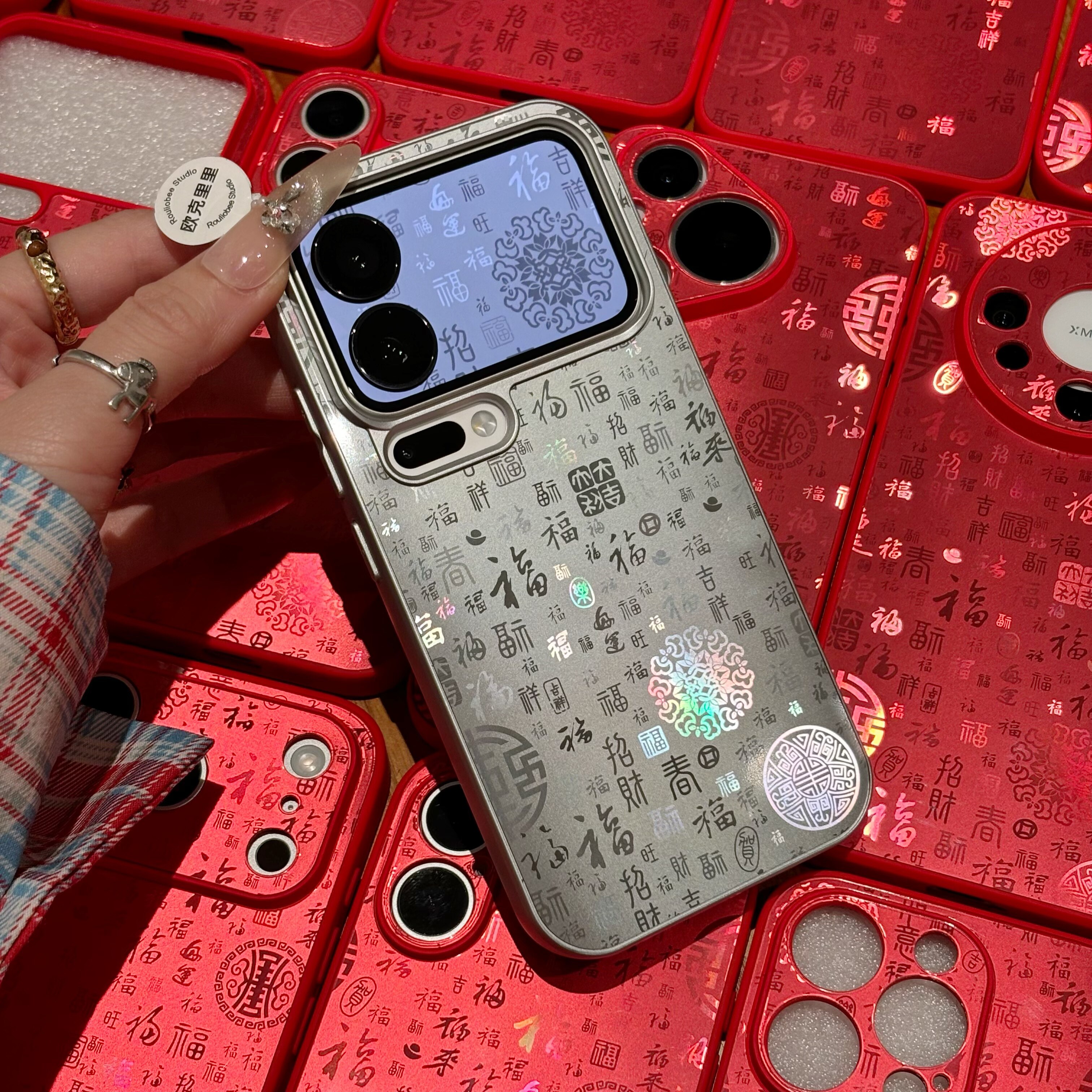 新年国风渐变镭射百福图适用苹果华为p80/vivo/oppo小米红米荣耀/iqoo手机壳新品17promax超好看16Pro/15外壳
