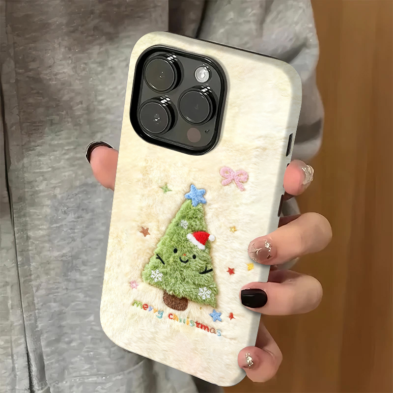 毛绒感圣诞树适用苹果16pro手机壳iPhone15可爱17华为mate60新款p70pro磨砂菲林vivo小米14红米k70荣耀90oppo