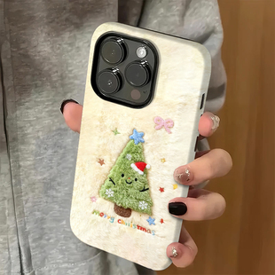毛绒感圣诞树适用苹果16pro手机壳iPhone15可爱17华为mate60新款 p70pro磨砂菲林vivo小米14红米k70荣耀90oppo