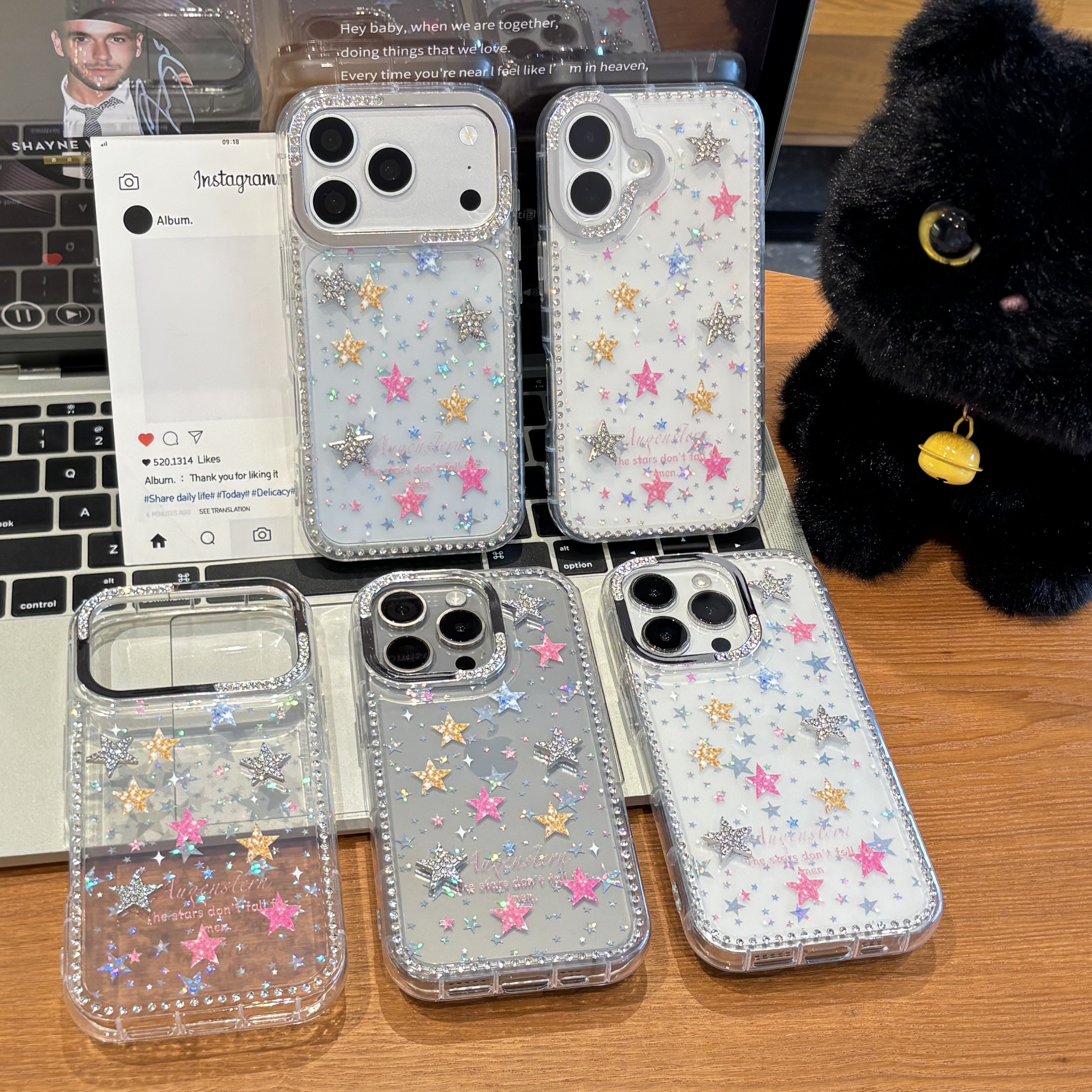 星星镶钻壳闪五角星适用苹果18ProMax手机壳iPhone17/16pro新款15卡通13带钻星星14pro创意15pro防摔12全包11