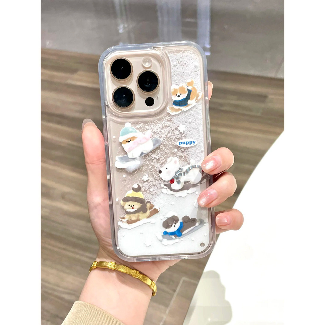 滑雪小狗流沙壳适用苹果16promax手机壳17PRO新款华为mate70可爱nova14创意OPPOReno13卡通x200小米15可流动