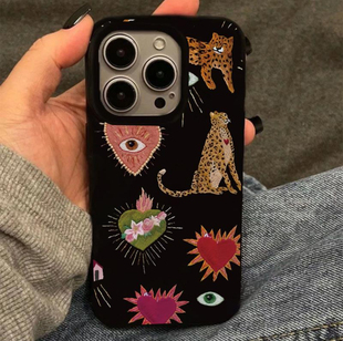 爱心花豹适用苹果17promax手机壳iphone16pro新款13小众12个性14保护套15promax全包防摔15plus亮黑软壳11套