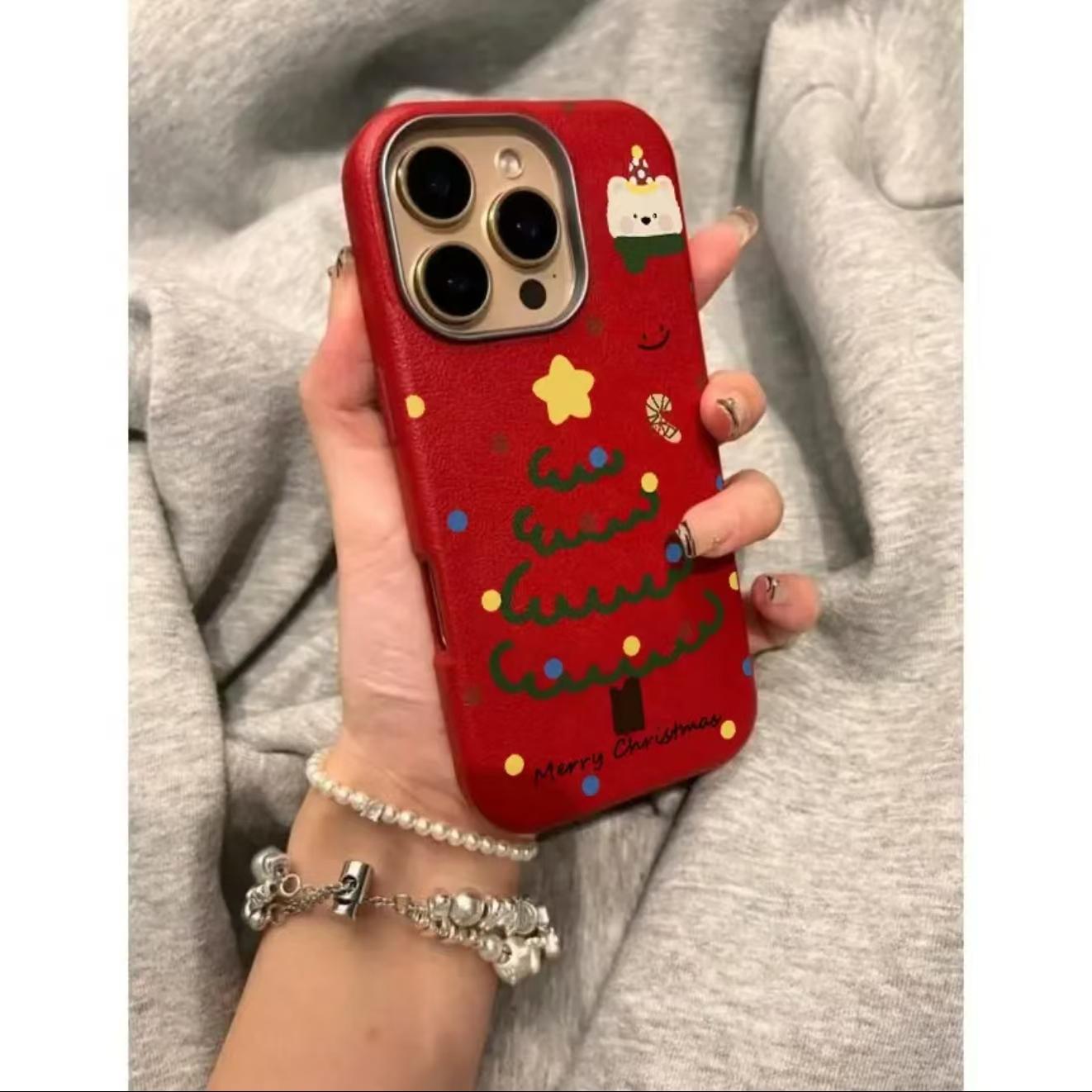 韩系卡通波点圣诞树手机壳金属框