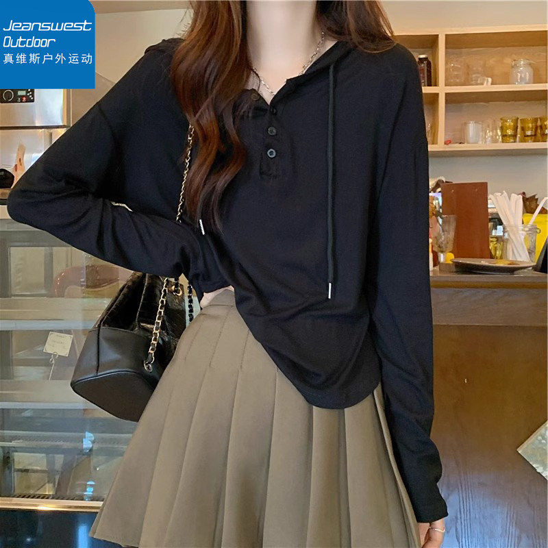 真维斯户外运动连帽春设计感小众打底衫修身显瘦v领卫衣长袖上衣