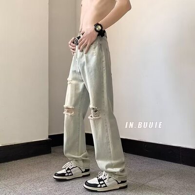 黄泥色破洞牛仔裤男款夏款美式hiphop裤子高街vibe阔腿裤潮流百搭
