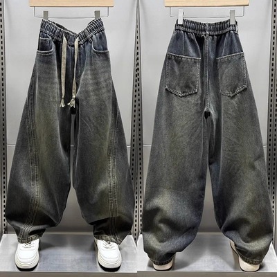 2025冬季牛仔裤潮牌直接筒宽松长裤秋冬新款加绒加厚拼接牛仔裤男