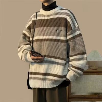 毛衣男士日系复古条纹撞色打底衫线衣秋冬加厚潮牌宽松针织衫外套