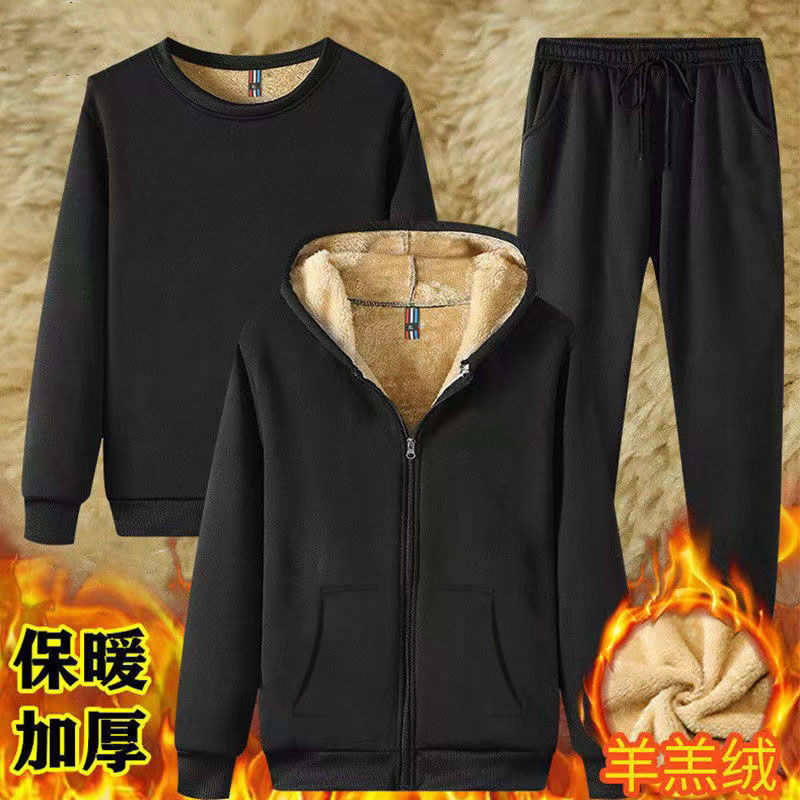 连帽卫衣男士秋冬季加绒加厚潮ins宽松羊羔绒外套休闲运动套装男