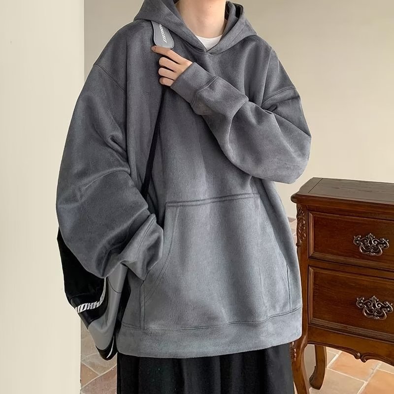麂皮绒卫衣男士美式复古潮牌潮流上衣重磅宽松oversize连帽外套