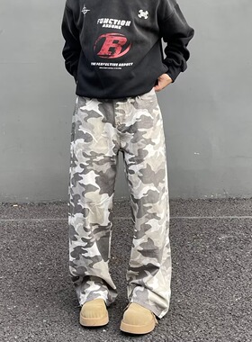 美式复古白灰色沙漠迷彩牛仔裤男高街宽松hiphop直筒阔腿休闲长裤