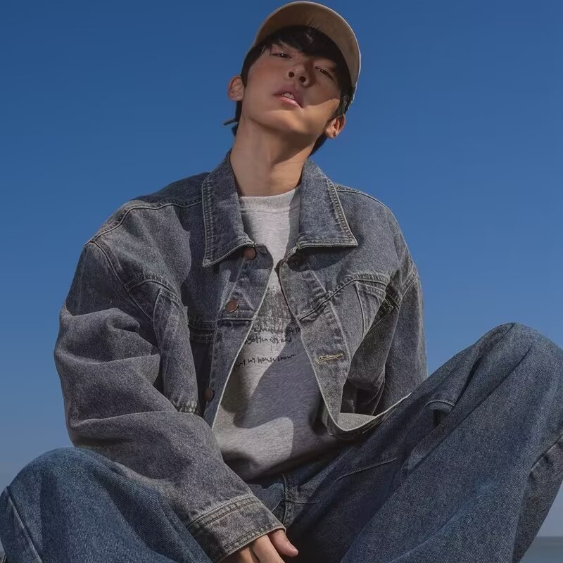 美式复古牛仔外套男潮ins百搭春秋季宽松痞帅高级感工装夹克衣服