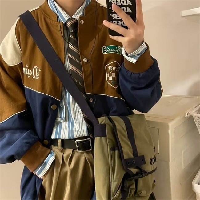 美式潮牌拼色机车夹克男春秋冬情侣bf上衣街头宽松休闲棒球服外套