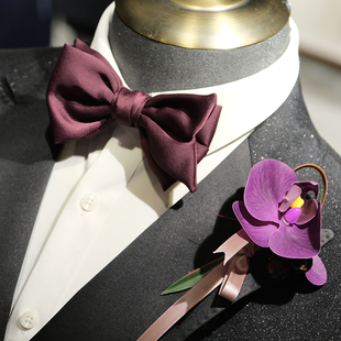 2023深紫绛紫色领结男原创鱼尾设计纯手工缝制复古蝴蝶结蝴蝶兰花