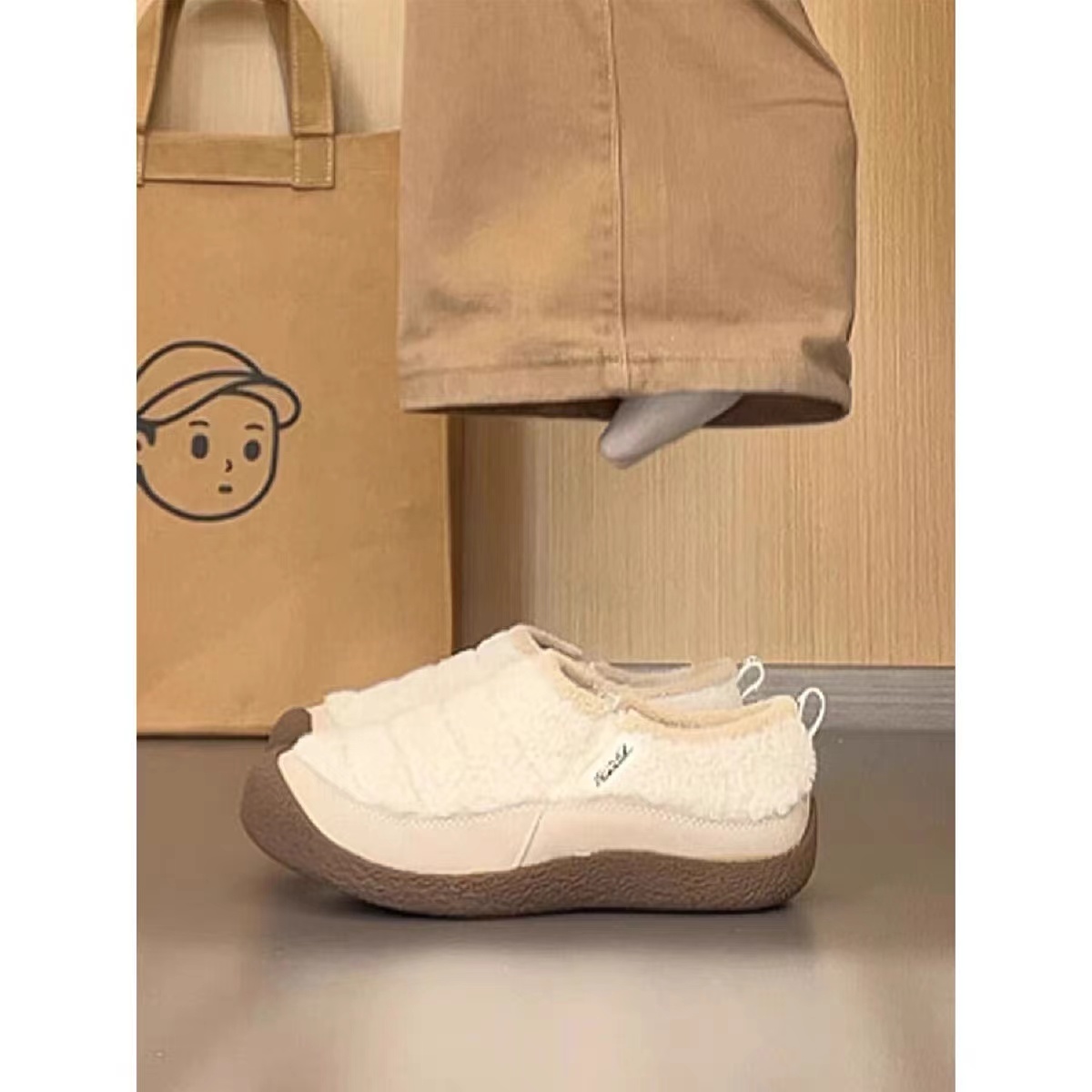 复古厚底冬季加绒保暖一脚蹬休闲懒人鞋时尚户外棉鞋日常毛毛鞋女