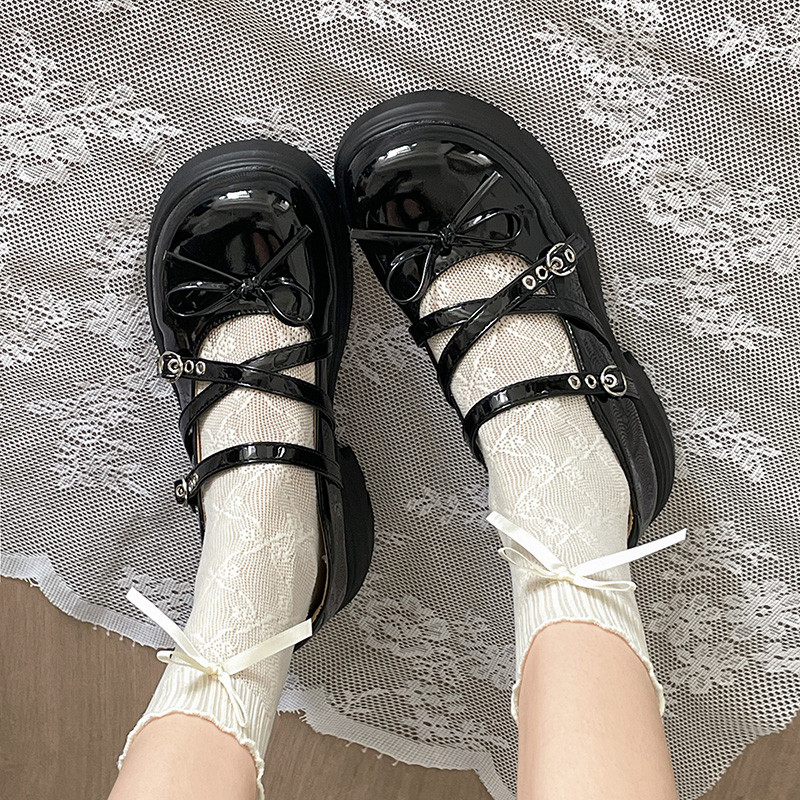 学院风厚底5.5 cm可爱女鞋玛丽珍鞋女黑色蝴蝶结交叉绑带百搭单鞋