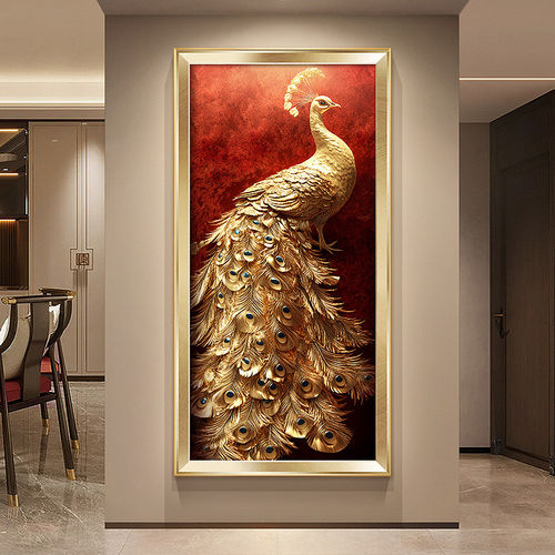 轻奢孔雀开屏玄关装饰画金箔色走廊过道挂画高级感立体入户门壁画