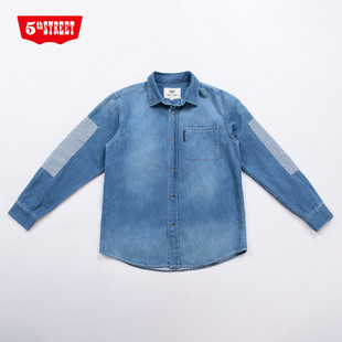 第五街5th street男装时尚宽松拼接长袖牛仔衬衫630801-233B4