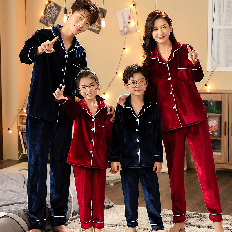 女士秋冬时尚金丝绒情侣睡衣男士大码套装春秋亲子儿童家庭家居服