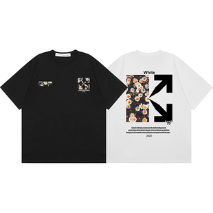OFF夏季 WHITE纯棉圆领T恤斑马线箭头印花上衣 OW男女菊花花卉短袖