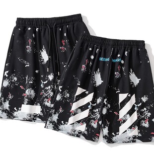 WHITE斑马线箭头宽松休闲五分裤 烟花星空泼墨短裤 男女同款 OFF夏季