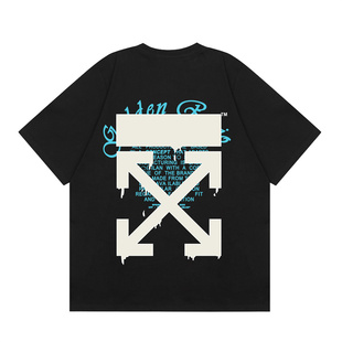 斑马线胶布贴条休闲印花T恤 男女圆领纯棉短袖 OFF箭头OW WHITE夏季