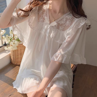 66662 星 纯色网纱睡衣女夏季 纯欲风蕾丝花边可外穿家居服套装
