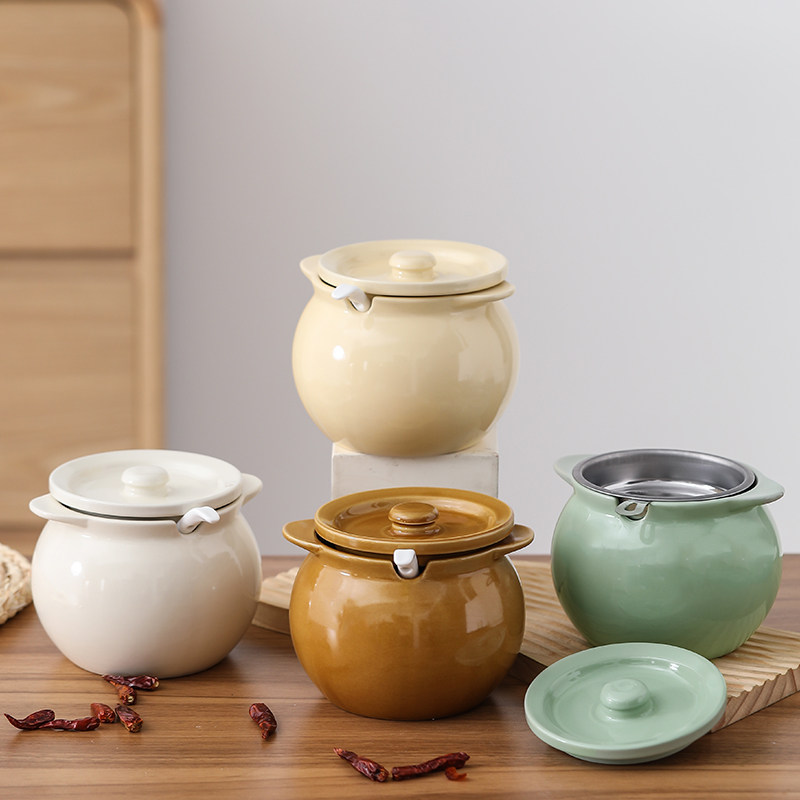 可爱陶瓷家用带盖猪油罐滤网勺子食品级专用耐高温调味罐收纳容器
