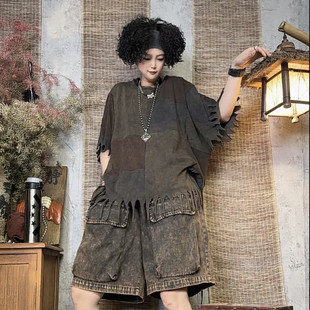 乞丐衣服破烂女T恤炒色做旧拼接撞色女废土风上衣夏