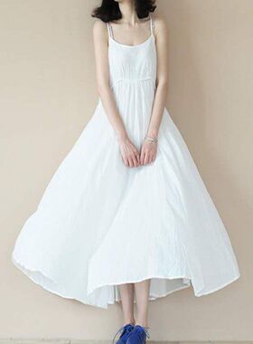 扎染专用白裙子双层宽松连衣裙紫色古风中长款外穿吊带裙