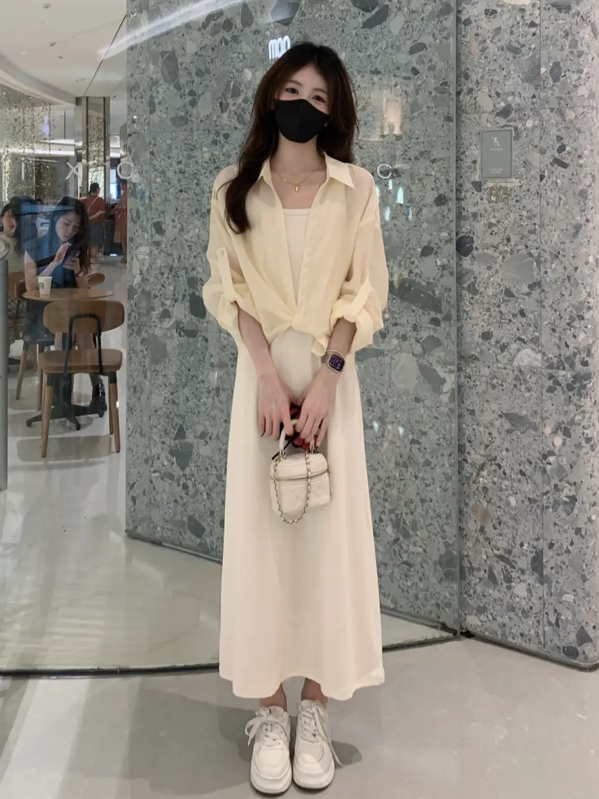 태양 보호 셔츠 서스펜더 드레스 투피스 세트 2024 여름 착용 고급 패션 캐주얼 슈트 세트 전체