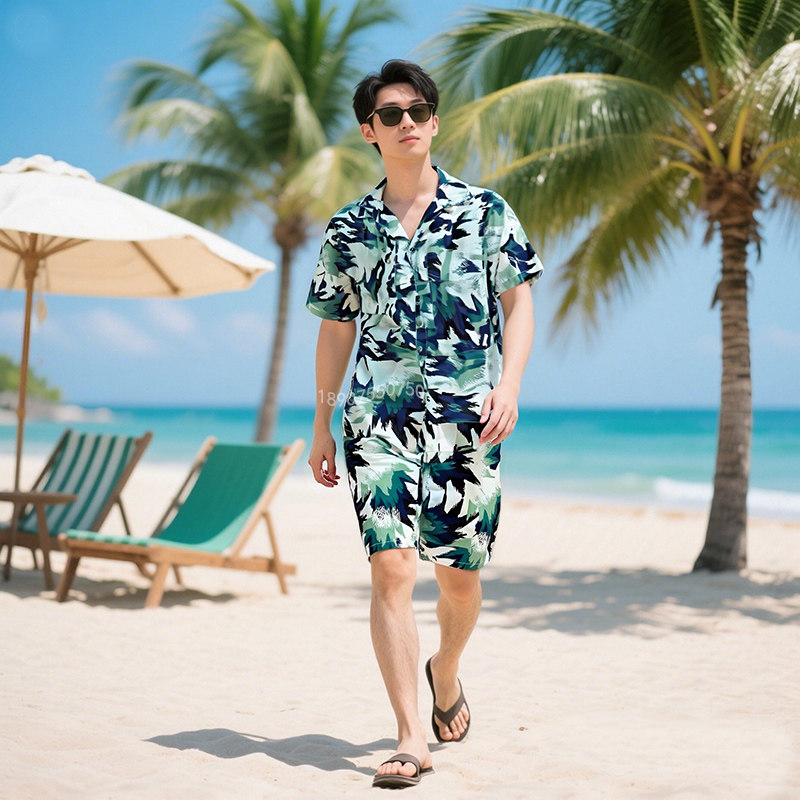 短袖衬衫三亚旅游海岛夏装新款宽松休闲沙滩度假短袖男女同款肥胖