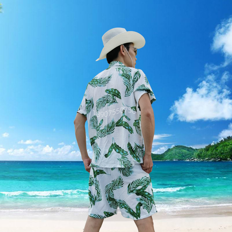 海岛服软料夏季衬衫黄色男士短袖印花...