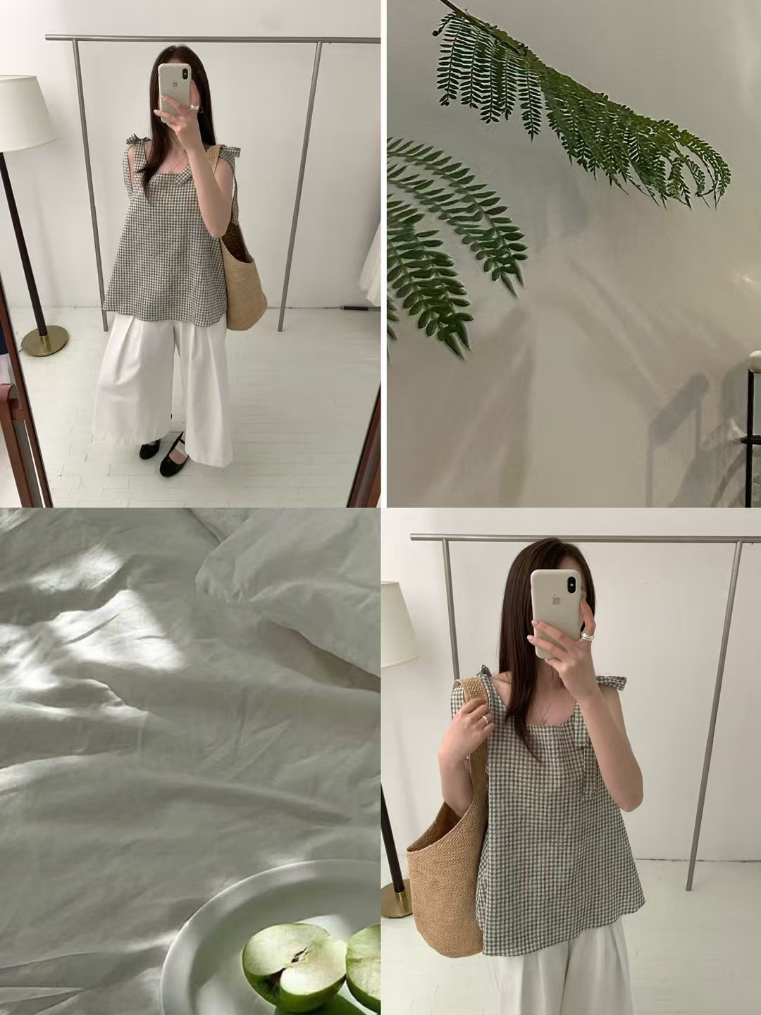 复古格子吊带背心女夏季韩系甜美减龄蝴蝶结系带无袖娃娃小衫上衣