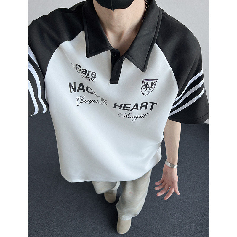 现货美式复古黑白拼接polo衫短袖男插肩袖t恤A456-T891-P40白,男装Polo衫,电商A456（原C415）