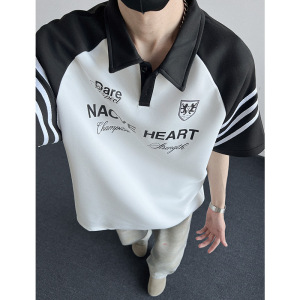 现货美式复古黑白拼接polo衫短袖男插肩袖t恤A456-T891-P40白图片